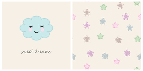 set of two cute vector illustrations of cloud, stars and drink sweet dreams, wish. seamless pattern with stars. baby dream concept template for after-bed linen, pillows, pajamas