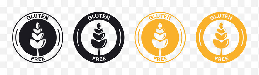 Gluten free labels vector set. Black and orange gluten-free food stamp icons. Isolated gluten free symbol collection. Packaging badges design, vector illustration.