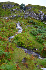 Waterfall flowing in green meadow in Scotland, Isle of Skye