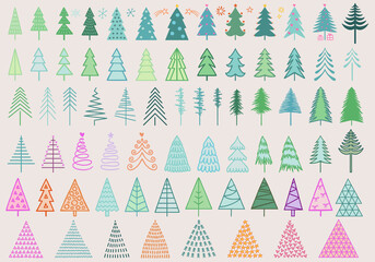 Colorful Christmas trees for cards, holiday decoration, vector set