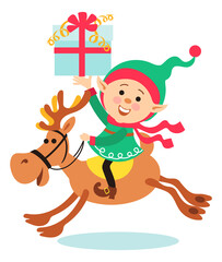 Christmas elf riding deer with gift box. Santa helper carrying kid present