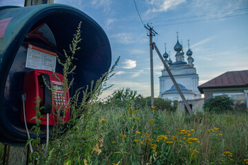 old telephone, telephone connection, grass thickets, abandoned village, village, church,
