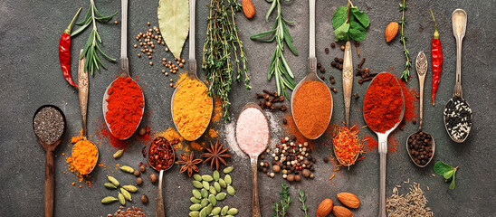 Various spices and herbs in a spoon. Dark grunge background. Top view, flat lay. Banner - obrazy, fototapety, plakaty