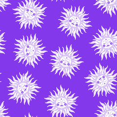 Purple celestial seamless pattern with white sun.