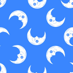 Fototapeta na wymiar White moon seamless pattern with blue background.