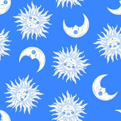 Blue seamless pattern with white sun and moon.