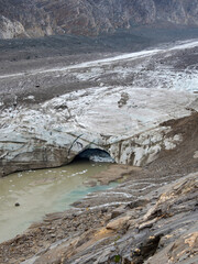 Glacier snout of glacier Pasterze at Mount Grossglockner, which is melting extremely fast due to global warming. Europe, Austria, Carinthia