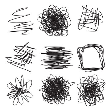Tangled shapes on white. Chaos patterns. Scribble sketch. Backgrounds with array of lines. Intricate chaotic texture. Art creation. Black and white illustration. Prints for posters and t-shirts
