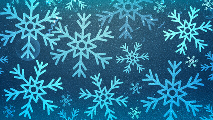 Fototapeta na wymiar Christmas Glittering Abstract Background with Glowing Snowflakes in Blue Bright Colors