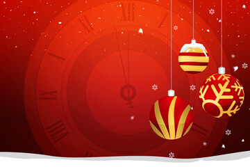 New Year and Christmas Concept Banner Background with Clock and Snowflakes. Modern copy space Christmas banner