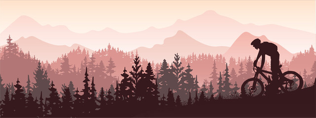 Fototapeta premium Silhouette of mountain bike rider in wild nature landscape. Mountains, forest in background. Magical misty nature. Pink and violet illustration.