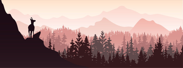 Naklejka na ściany i meble Horizontal banner. A chamois stands on top of hill with mountains and forest in background. Silhouette with pink and violet background. Illustration. Magic misty landscape.