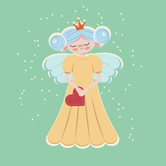 Christmas fairy in long dress with heart in hands flat vector illustration
