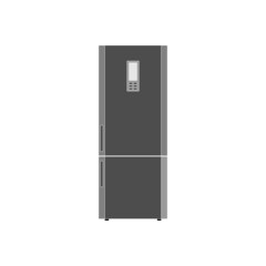 The icon of a modern refrigerator with an information board and a freezer at the bottom on a white background.