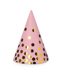 Bright party hat isolated on white. Festive accessory