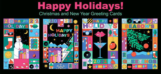 Happy Holidays! Christmas and New Year Greeting Cards, Abstract Mosaic Illustrations, Winter Holidays Attributes