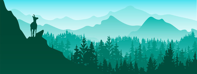 Horizontal banner. A chamois stands on top of hill with mountains and forest in background. Silhouette with green and blue background. Illustration. Magic misty landscape. - obrazy, fototapety, plakaty