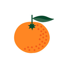 Orange citrus, whole fresh fruit with green leaf. Minimalistic illustration isolated on a white.