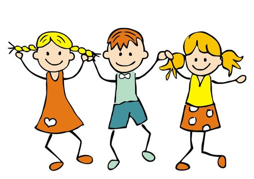 Three dancing kids, two girls and one boy, vector illustration