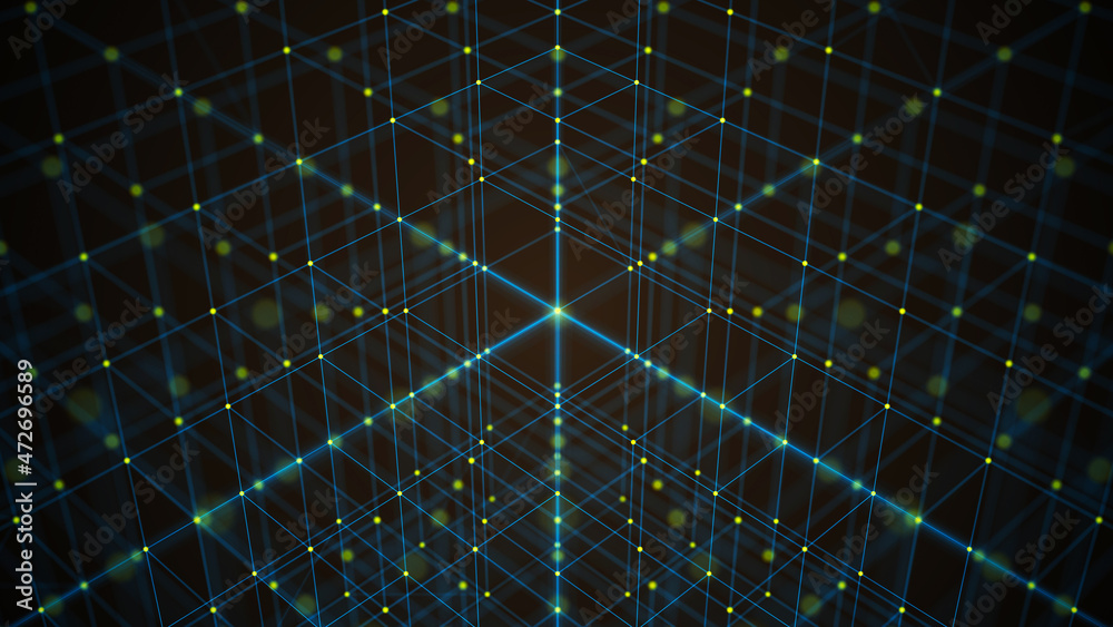 Poster cubic abstract background with bright lines and dots. illustration of big data. network connection. 