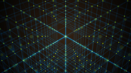 Cubic abstract background with bright lines and dots. Illustration of big data. Network connection. Internet connection. Cubic network. 3d rendering.