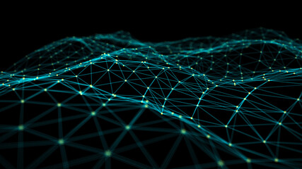 Abstract technological background. A wave with connecting dots and lines. Network connection structure. 3d rendering.