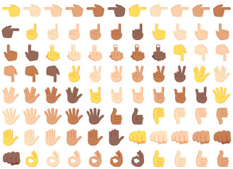 Emoji set background of hands in different postures isolated on white