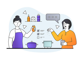Women cooking in kitchen. Girls preparing dinner, delicious food, soup, character salting dish. Cook, restaurant, cafe, work. Mother and daughter in apartment. Cartoon flat vector illustration