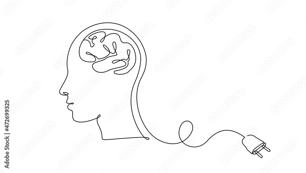 Poster Continuous one line drawing of head person and brain with plug. Concept of burnout syndrome and tired at work in simple linear style. Doodle Vector illustration