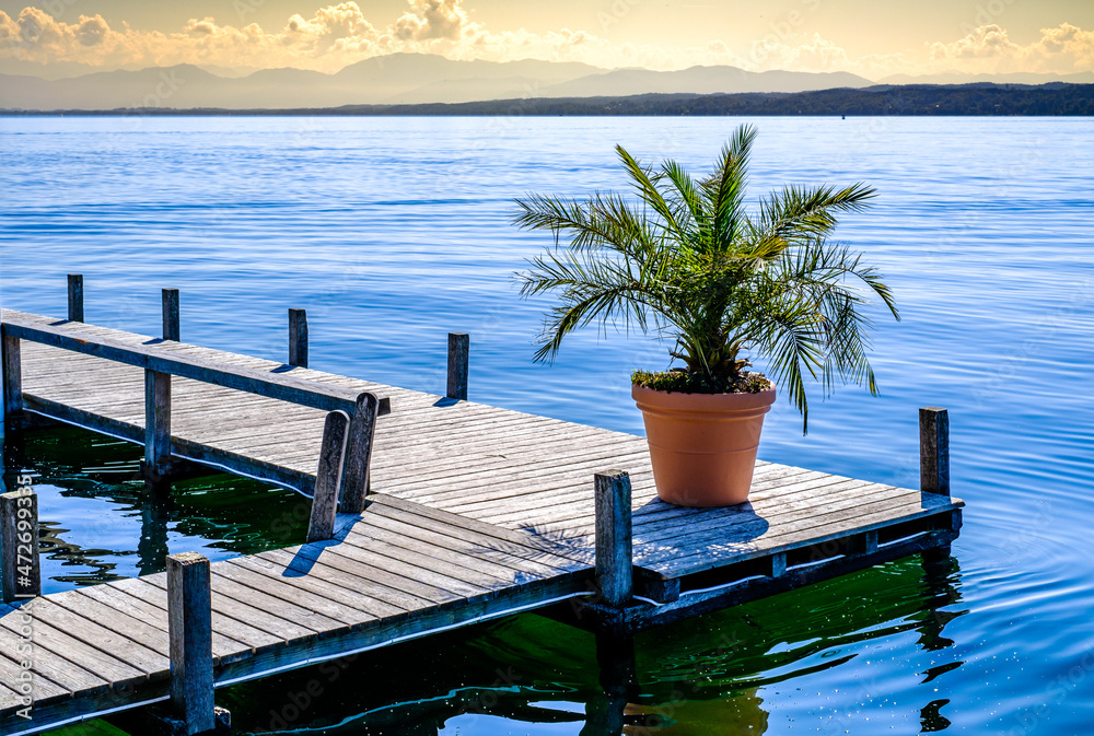 Poster old wooden jetty at a lake