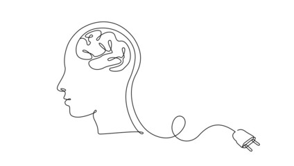 Continuous one line drawing of head person and brain with plug. Concept of burnout syndrome and tired at work in simple linear style. Doodle Vector illustration - obrazy, fototapety, plakaty