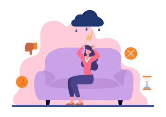 Lonely young girl. Woman sits on sofa in rain. Depression, sadness, frustration. Character crying in home. Psychological problems, mental health, upset, unhappy. Cartoon flat vector illustration