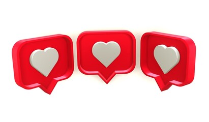 Three rectangular red pins in different angles with a white heart. Social media notification. 3d render.