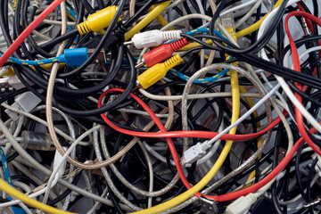 Waste Heap a Used cables, Connectors plugs universal Audio and Video cables and USB, network,...