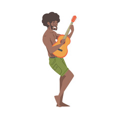 Barefoot Smiling Man Character Musician Performing Music Playing Guitar Vector Illustration