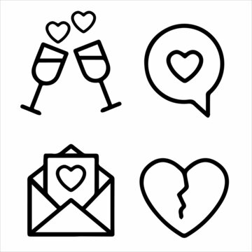 Fototapeta Outline doodle love theme set, romance, February 14, Valentine's Day. Design elements, white background. Inscriptions. Cute cartoon style. 