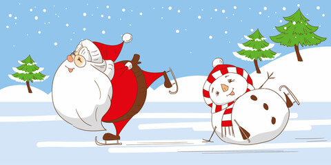 Cartoon Santa Claus, snowman in a hat and scarf,  Christmas trees, hand-drawn.