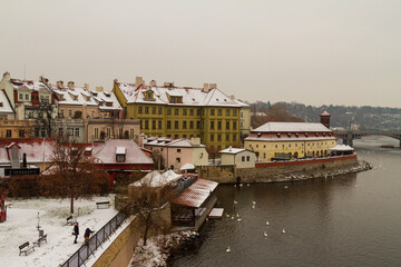 Winter in Prague houses on the river