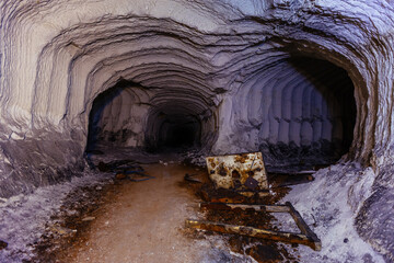 Chalky mine tunnel with traces of drilling machine, Belgorod, Russia