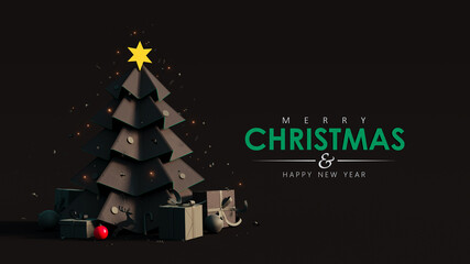 Black paper Christmas tree with text and decoration on black background 3D Rendering, 3D Illustration