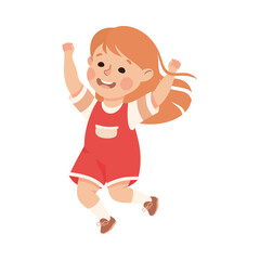 Happy Redhead Girl Jumping with Joy and Hands Up Cheering and Having Fun Vector Illustration