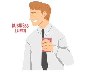 Smiling Office Employee with Coffee Cup at Lunch Time Having Day Routine Vector Illustration