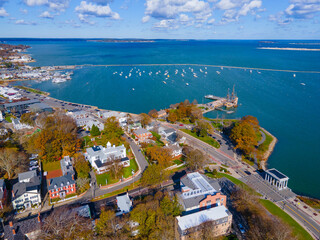 Plymouth Bay and Plymouth Village Historic District aerial view, including Antique ship Mayflower,...
