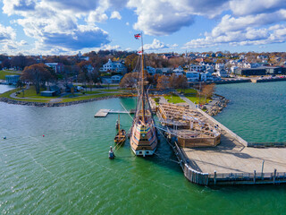 Mayflower II is a reproduction of the 17th century ship Mayflower docked at town of Plymouth, Massachusetts MA, USA. 