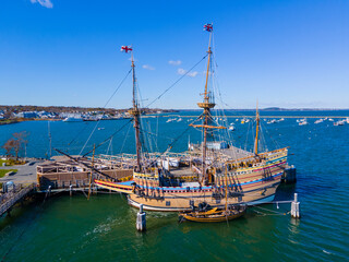 Mayflower II is a reproduction of the 17th century ship Mayflower docked at town of Plymouth,...