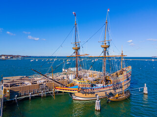 Mayflower II is a reproduction of the 17th century ship Mayflower docked at town of Plymouth, Massachusetts MA, USA.  - obrazy, fototapety, plakaty