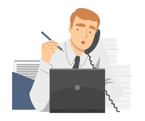 Office Employee in White Shirt and Tie Sitting at Laptop Speaking by Phone Working as Day Routine Vector Illustration