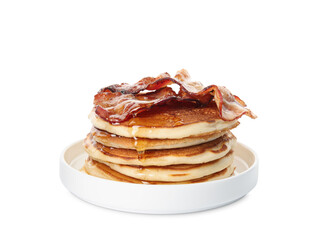 Delicious pancakes with maple syrup and fried bacon on white background