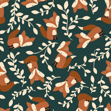 Cute Baby Woodland Fox Seamless Pattern With Cream Colored Vines