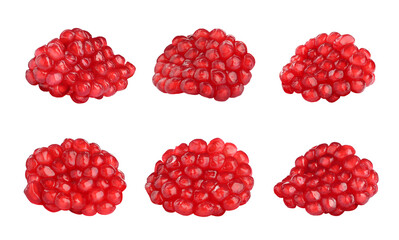Ripe juicy pomegranate seeds on white background, collage